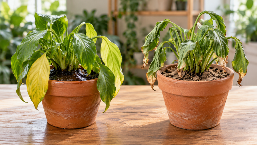 Side-by-side houseplants showing soggy soil and yellow leaves from excess moisture versus dry soil and wilted leaves from too little water