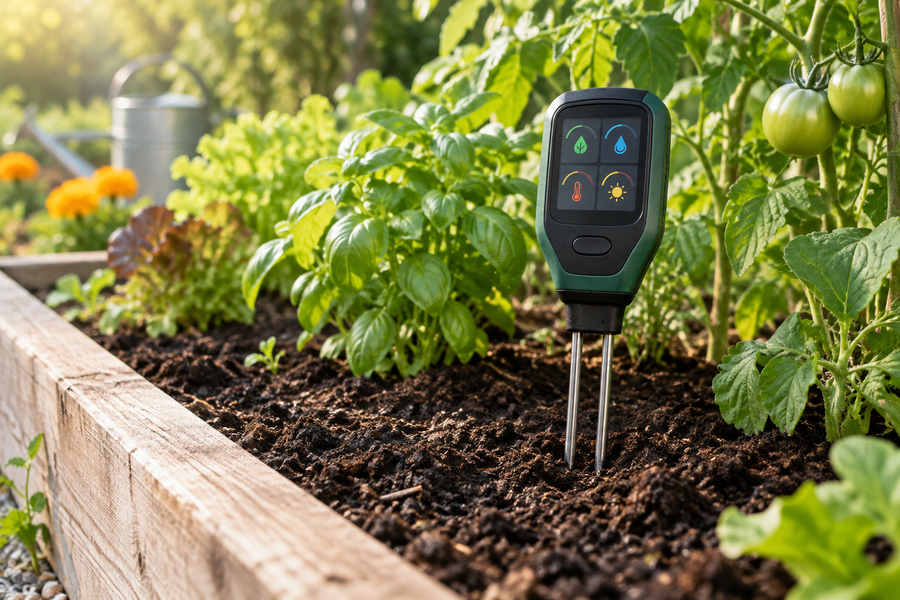 Yellowing plant leaves beside a digital soil tester checking moisture and pH