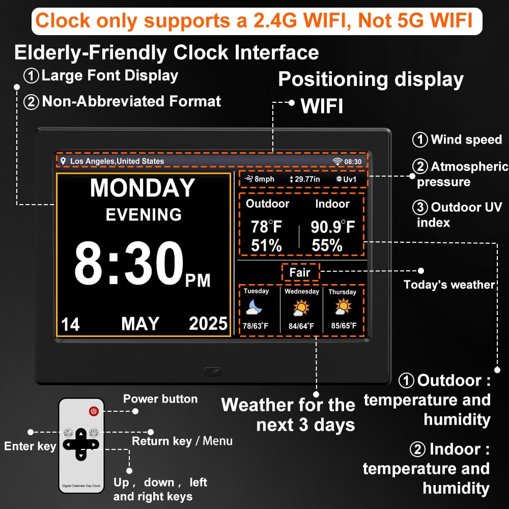 2025 New Digital Clock with Temperature/Humidity & Weather Forecast, Auto Time Sync Large Display, Custom Alarms & Medication Reminders, Ideal for Elderly(Black, 7-Inch)