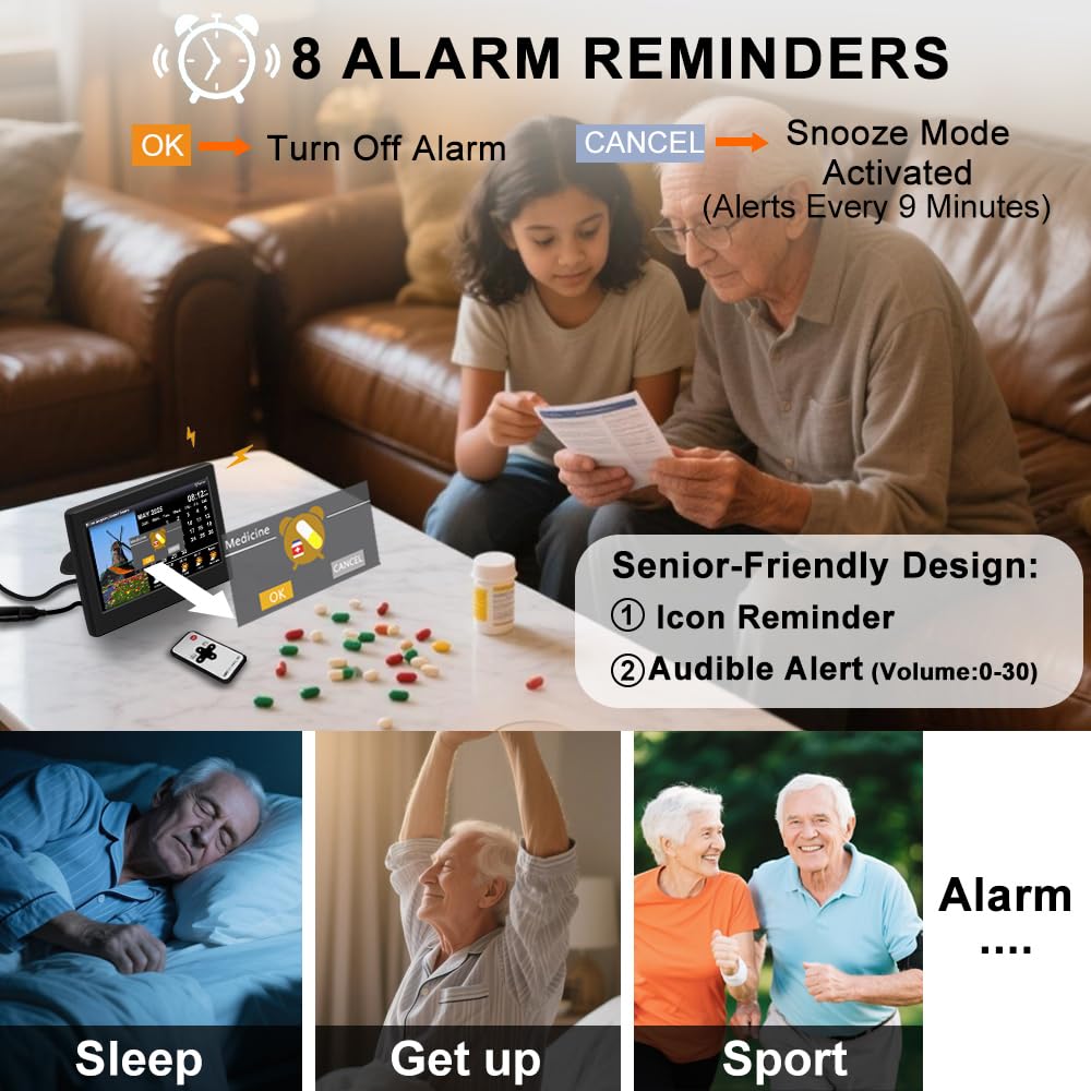 2025 New Digital Clock with Temperature/Humidity & Weather Forecast, Auto Time Sync Large Display, Custom Alarms & Medication Reminders, Ideal for Elderly(Black, 7-Inch)