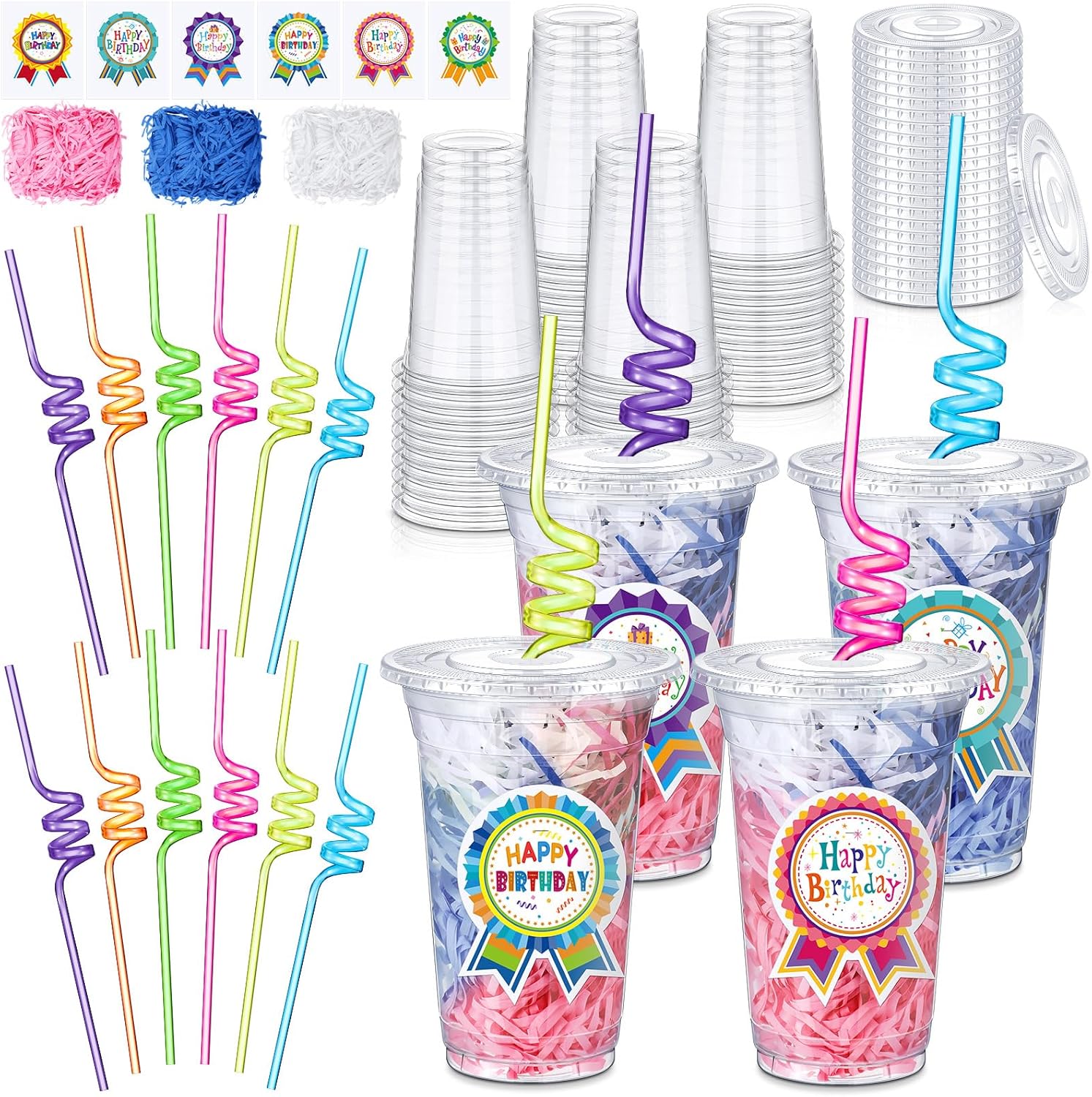 24-Pack Birthday Cups with Lids, Straws, Stickers & Raffia – Fun Birthday Gifts from Teacher for Students, Kids Party Favors & Classroom Rewards