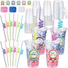 24-Pack Birthday Cups with Lids, Straws, Stickers & Raffia – Fun Birthday Gifts from Teacher for Students, Kids Party Favors & Classroom Rewards