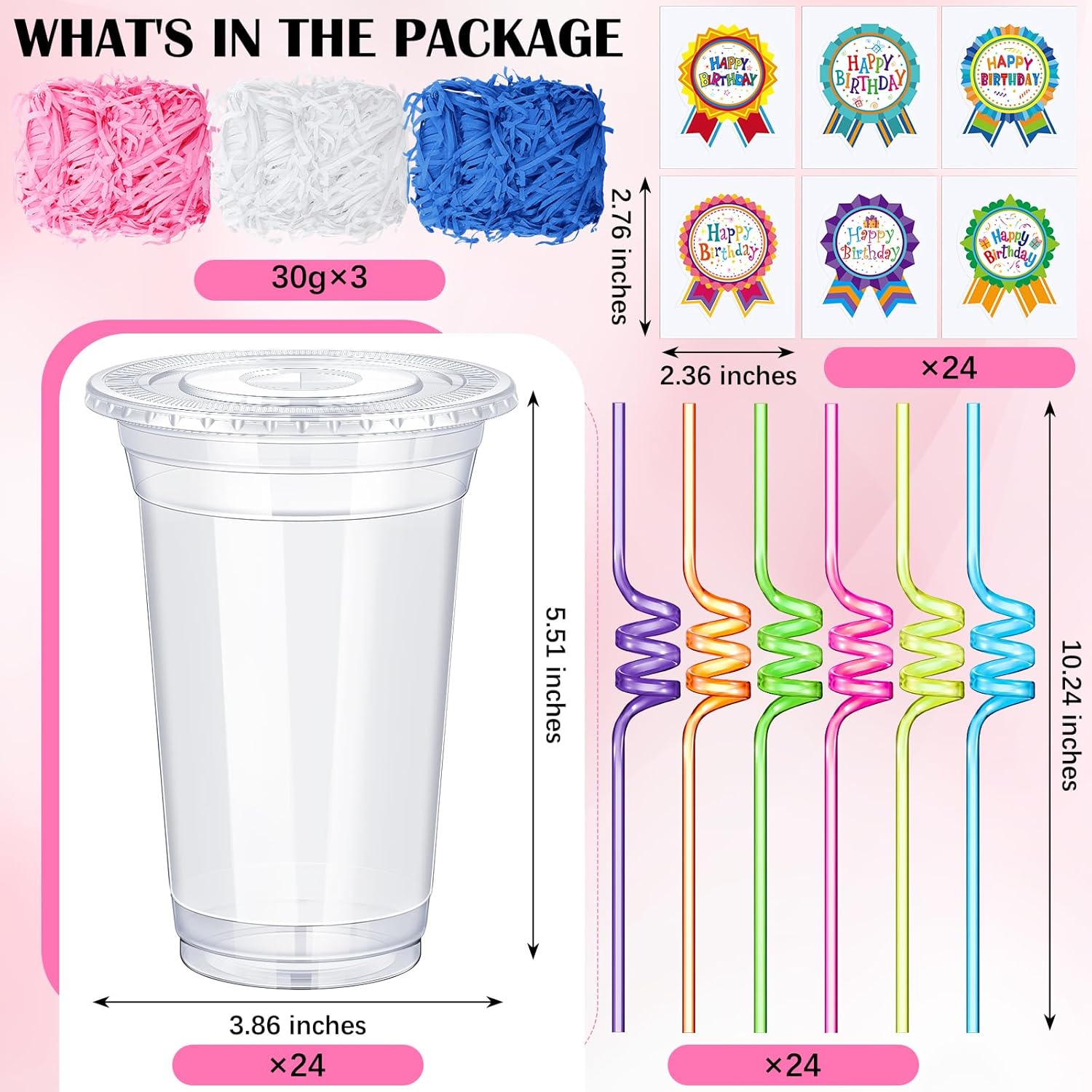 24-Pack Birthday Cups with Lids, Straws, Stickers & Raffia – Fun Birthday Gifts from Teacher for Students, Kids Party Favors & Classroom Rewards