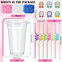 24-Pack Birthday Cups with Lids, Straws, Stickers & Raffia – Fun Birthday Gifts from Teacher for Students, Kids Party Favors & Classroom Rewards