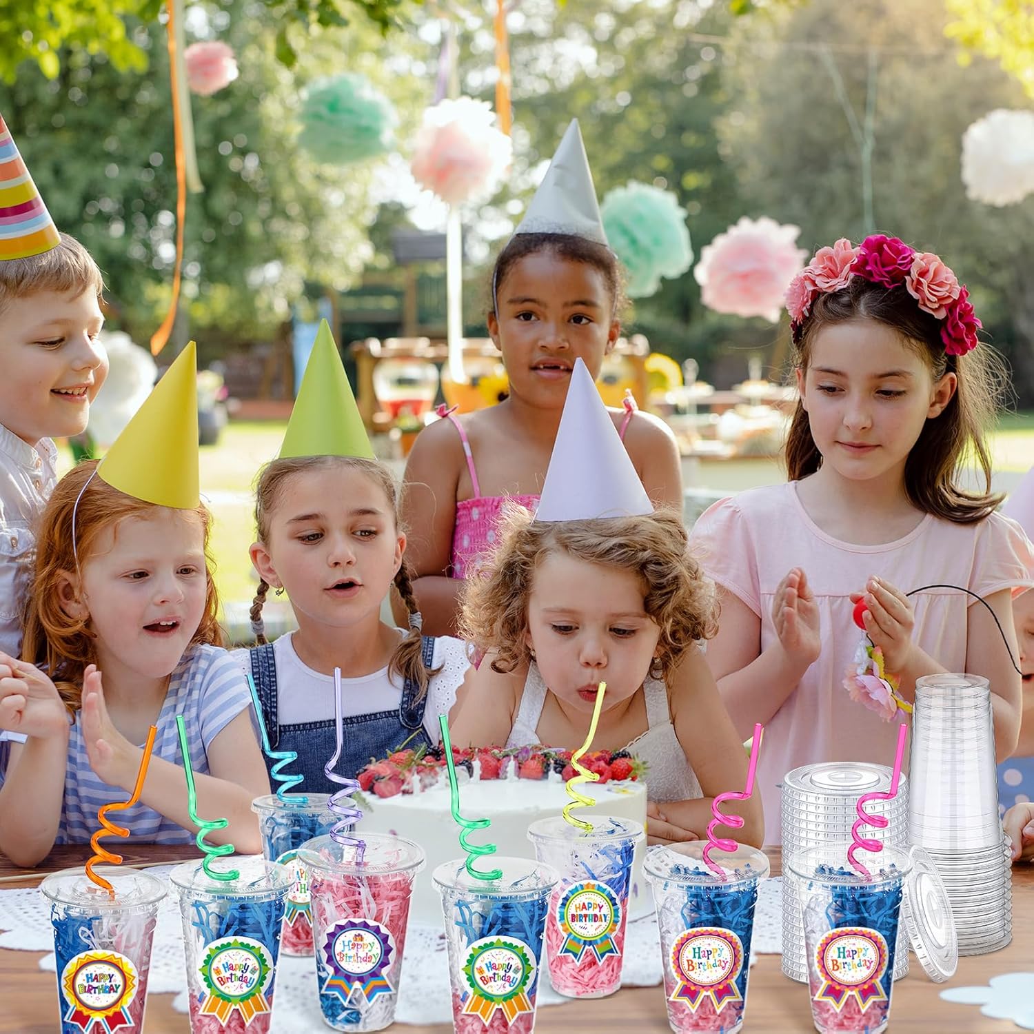 24-Pack Birthday Cups with Lids, Straws, Stickers & Raffia – Fun Birthday Gifts from Teacher for Students, Kids Party Favors & Classroom Rewards
