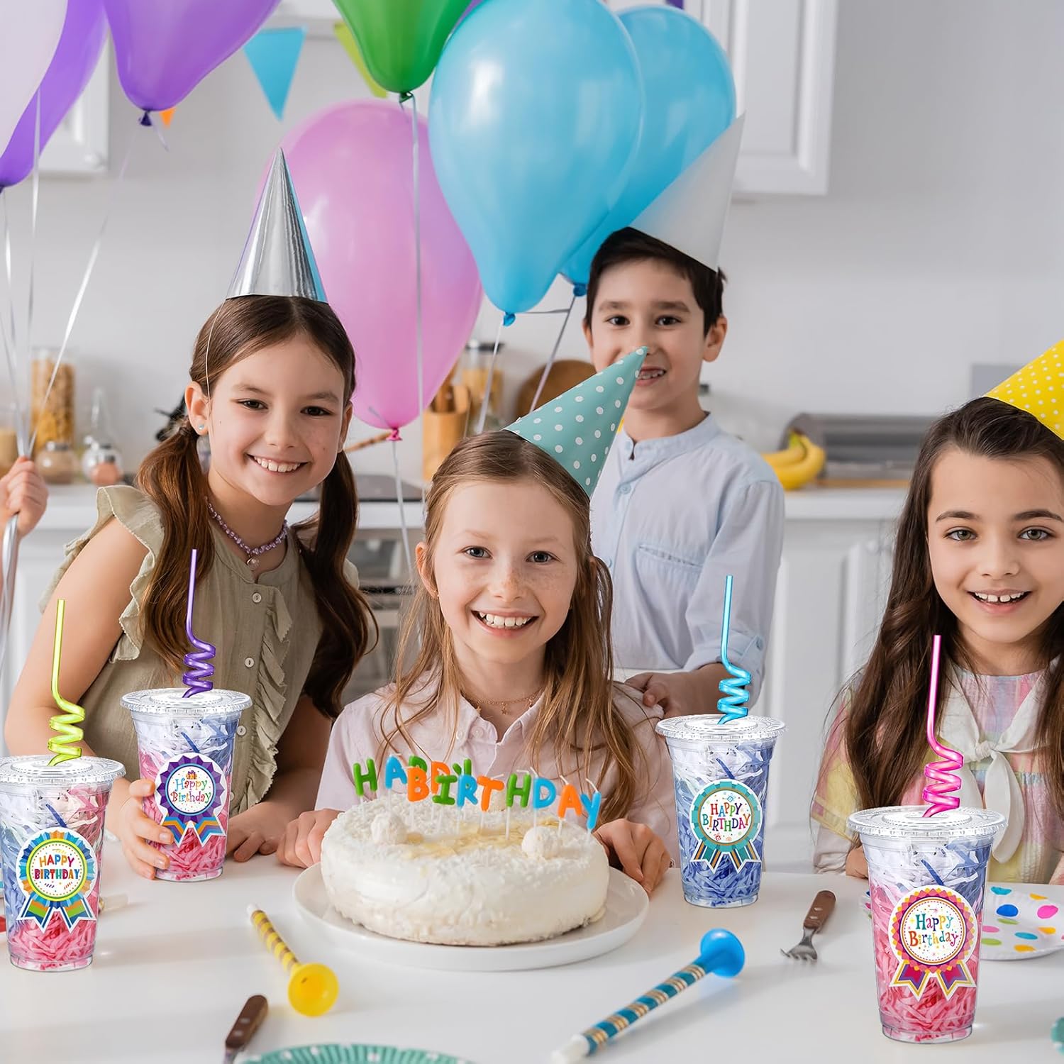 24-Pack Birthday Cups with Lids, Straws, Stickers & Raffia – Fun Birthday Gifts from Teacher for Students, Kids Party Favors & Classroom Rewards