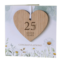 25th Wedding Anniversary Card with Wooden Heart Keepsake – Silver Anniversary Gift & Decoration – Celebrating 25 Years Together