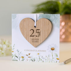 25th Wedding Anniversary Card with Wooden Heart Keepsake – Silver Anniversary Gift & Decoration – Celebrating 25 Years Together