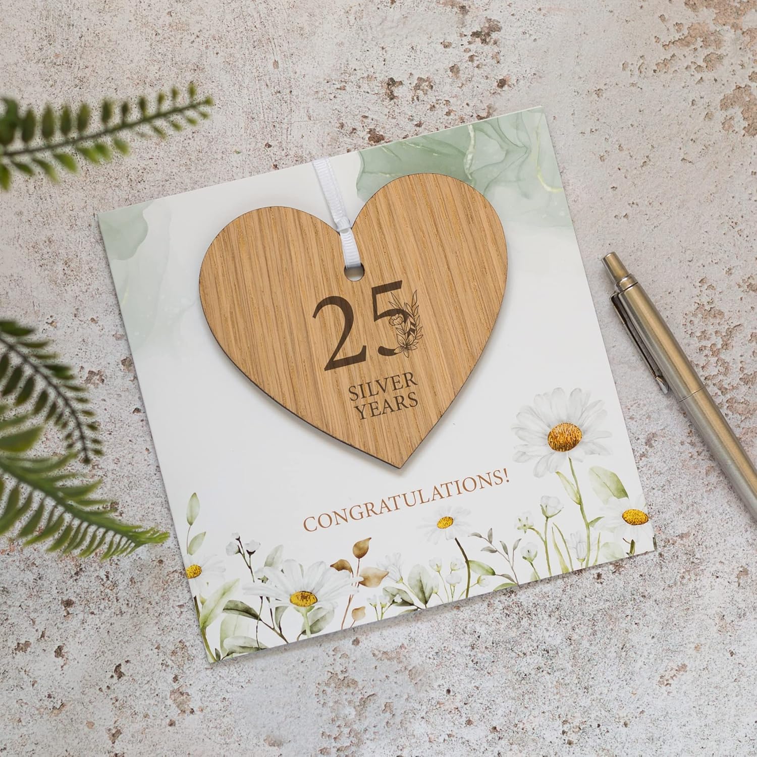 25th Wedding Anniversary Card with Wooden Heart Keepsake – Silver Anniversary Gift & Decoration – Celebrating 25 Years Together