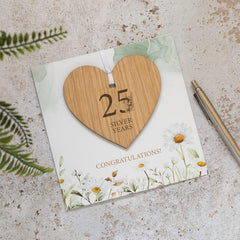25th Wedding Anniversary Card with Wooden Heart Keepsake – Silver Anniversary Gift & Decoration – Celebrating 25 Years Together