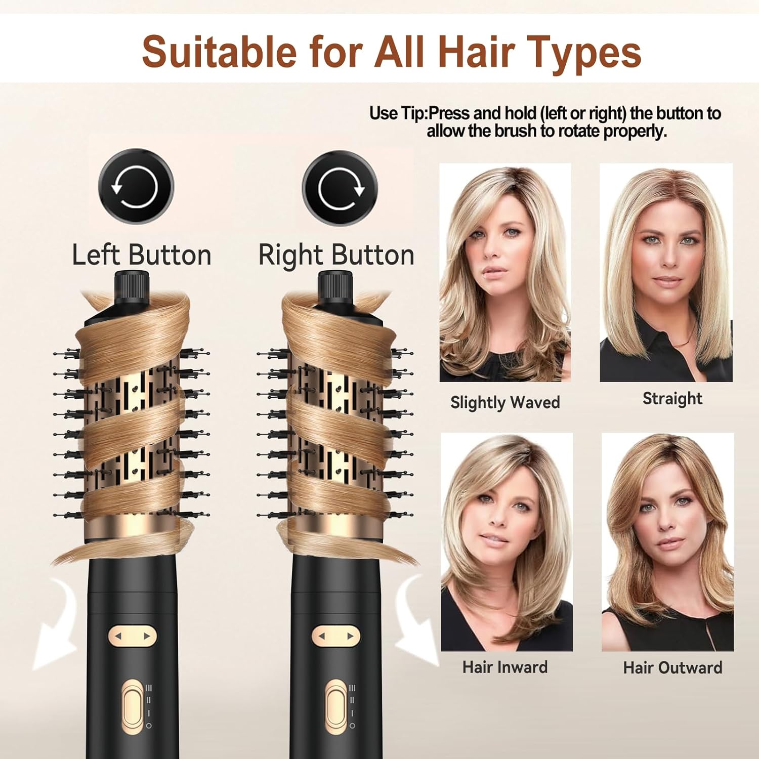 3 in 1 Rotating Hair Dryer Brush Spinning with Detachable Brush(2" & 1.5"),3 Heats and 2 Speeds Rotating Hot Air Brush for Curl,Straight