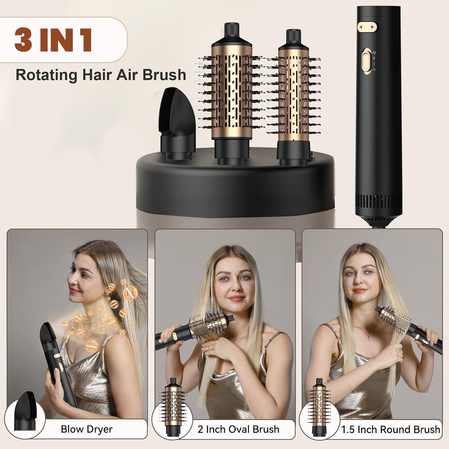 3 in 1 Rotating Hair Dryer Brush Spinning with Detachable Brush(2" & 1.5"),3 Heats and 2 Speeds Rotating Hot Air Brush for Curl,Straight