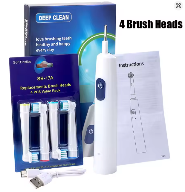 5-Mode Electric Rotary Toothbrush, Waterproof Rechargeable Toothbrush with Timer and USB Charging | Color: 4 Heads B