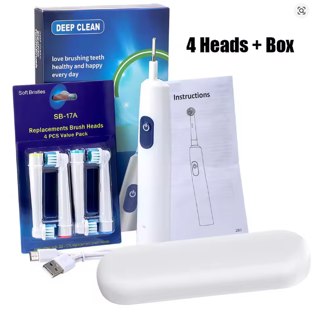 5-Mode Electric Rotary Toothbrush, Waterproof Rechargeable Toothbrush with Timer and USB Charging | Color: 4 Heads B