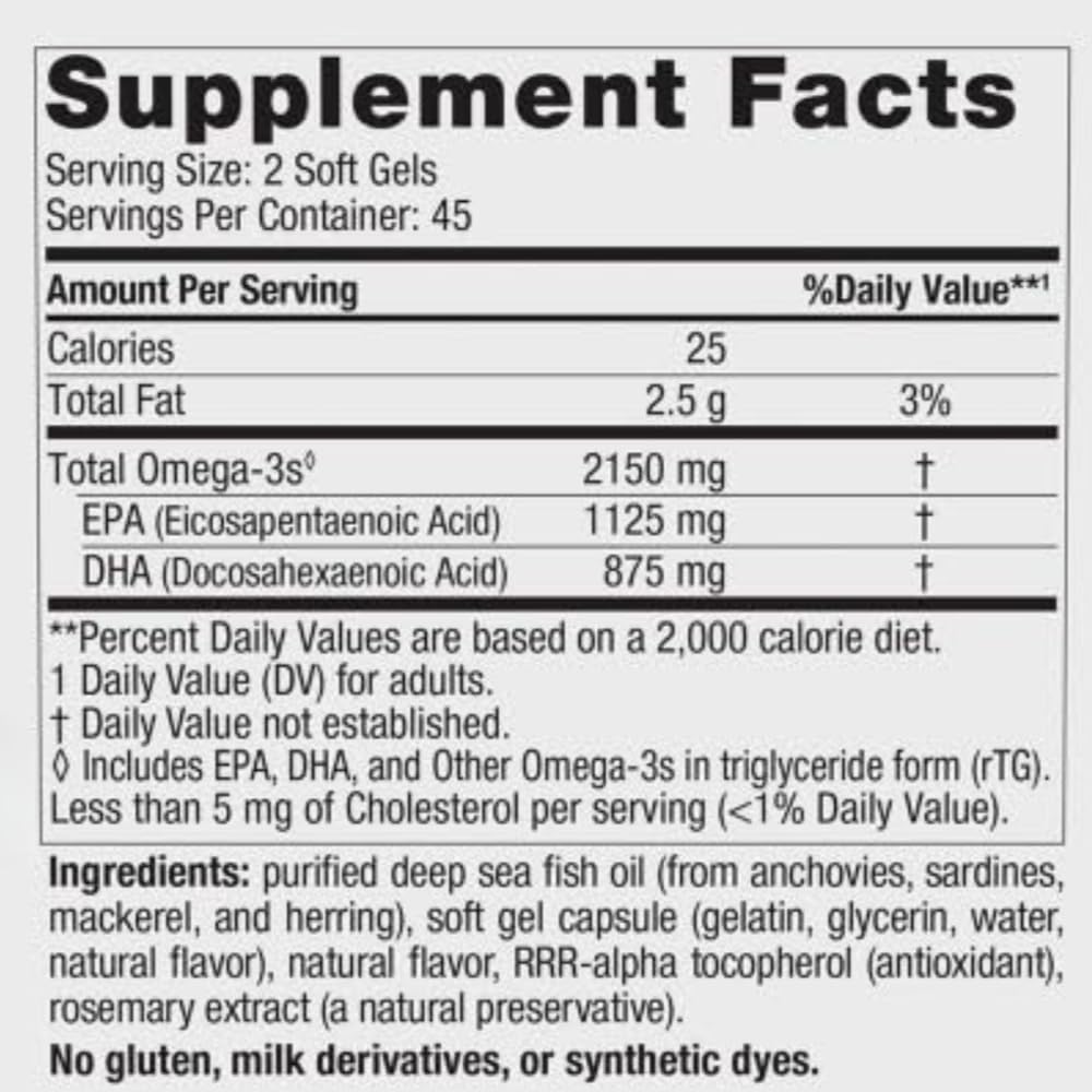 𝑼𝒍𝒕𝒊𝒎𝒂𝒕𝒆 𝑶𝒎𝒆𝒈𝒂 𝟐𝑿 2150mg, Lemon Flavor, 90 Count, Good for Heart and Brain, Gluten Free, Non-GMO