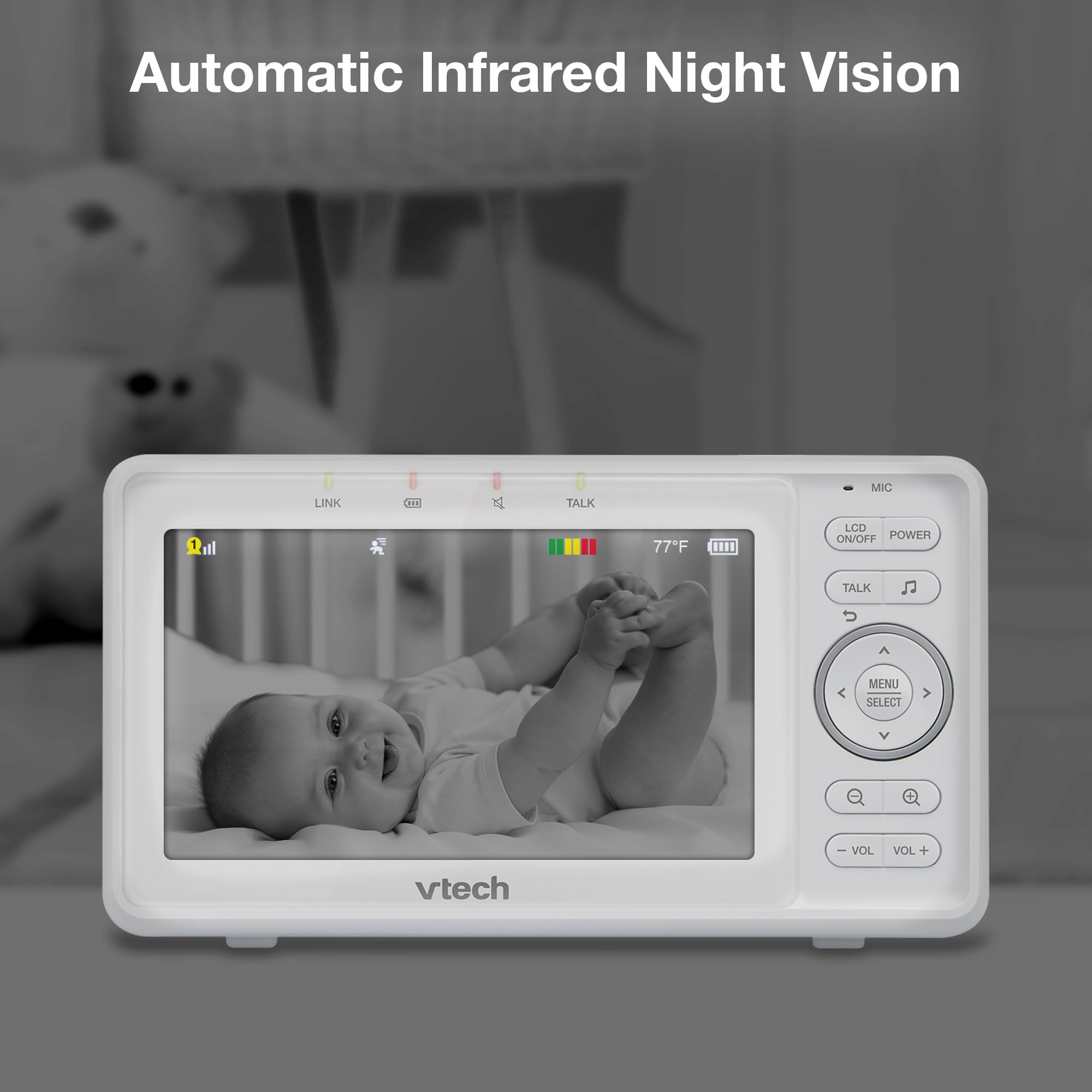 VTech Video Baby Monitor with Camera and Audio, 5" HD LCD Screen, Pan-Tilt-Zoom, 2-Way Talk, VOX Mode, Night Lights, Lullabies, Soothing Sounds, Temperature sensor, Long Range, No WiFi: VM5263 (White)