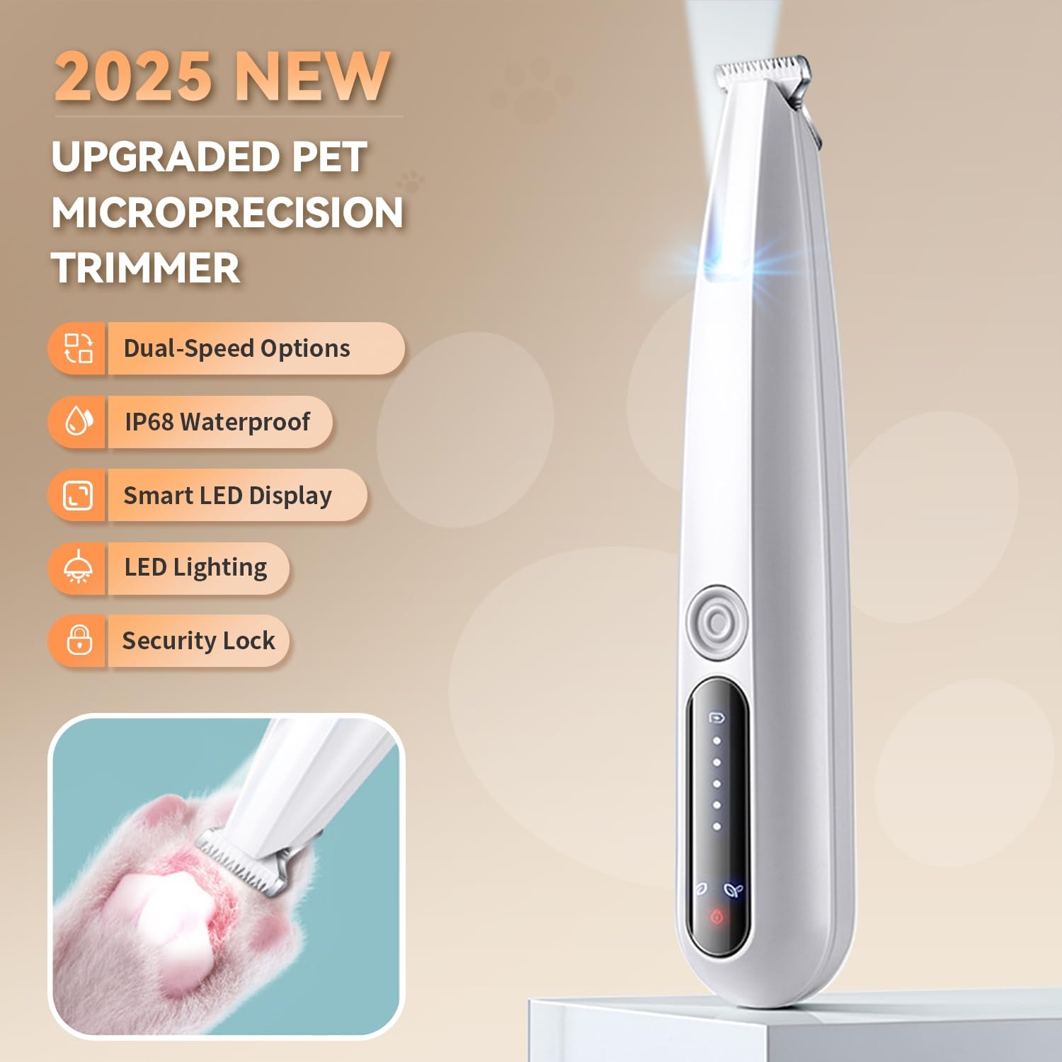 2025 New Pet Precision Trimmer, Dog Paw Trimmer with LED Light, Dual-Speed Motor, Low Noise, IP68 Waterproof, Suit for Trimming Paw, Ear, Face, Butt, Eyebrows, USB Rechageble