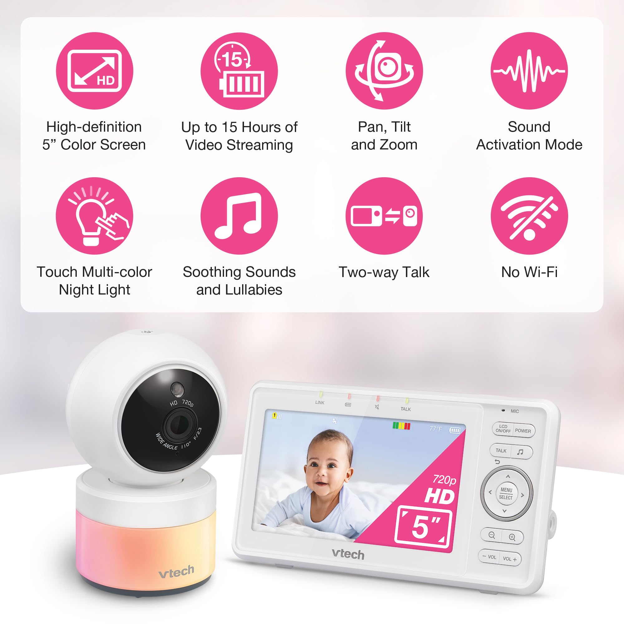 VTech Video Baby Monitor with Camera and Audio, 5" HD LCD Screen, Pan-Tilt-Zoom, 2-Way Talk, VOX Mode, Night Lights, Lullabies, Soothing Sounds, Temperature sensor, Long Range, No WiFi: VM5263 (White)