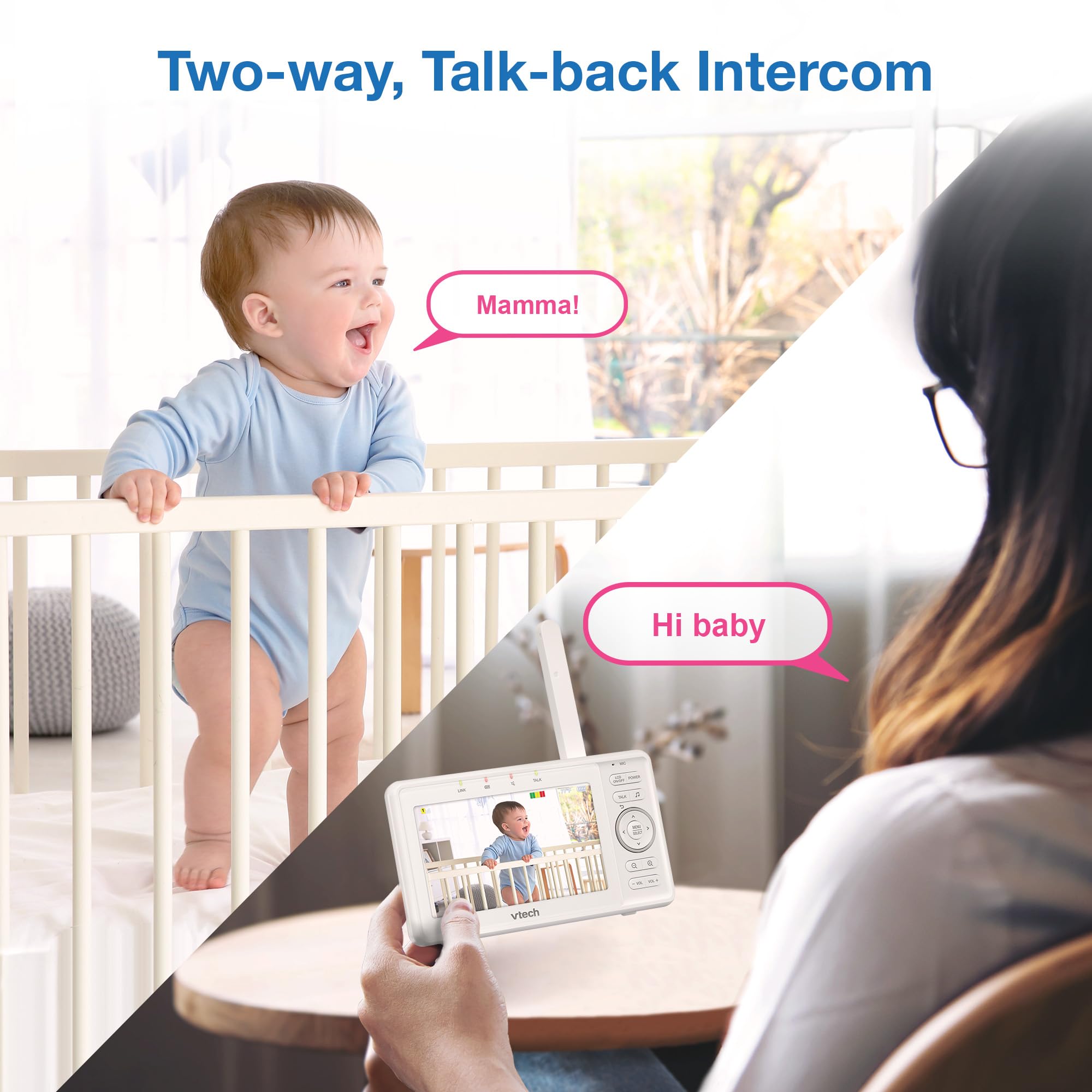 VTech Video Baby Monitor with Camera and Audio, 5" HD LCD Screen, Pan-Tilt-Zoom, 2-Way Talk, VOX Mode, Night Lights, Lullabies, Soothing Sounds, Temperature sensor, Long Range, No WiFi: VM5263 (White)
