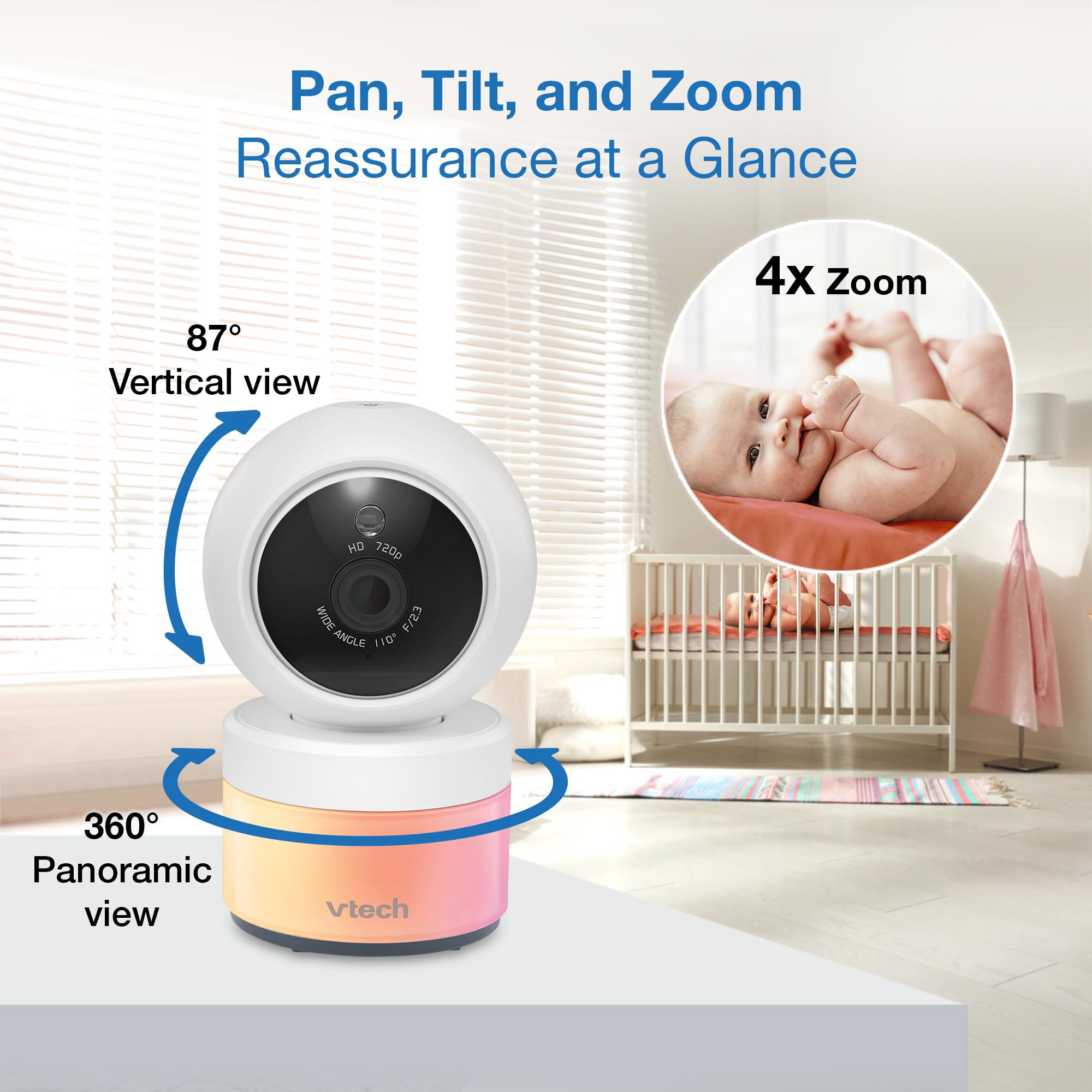 VTech Video Baby Monitor with Camera and Audio, 5" HD LCD Screen, Pan-Tilt-Zoom, 2-Way Talk, VOX Mode, Night Lights, Lullabies, Soothing Sounds, Temperature sensor, Long Range, No WiFi: VM5263 (White)