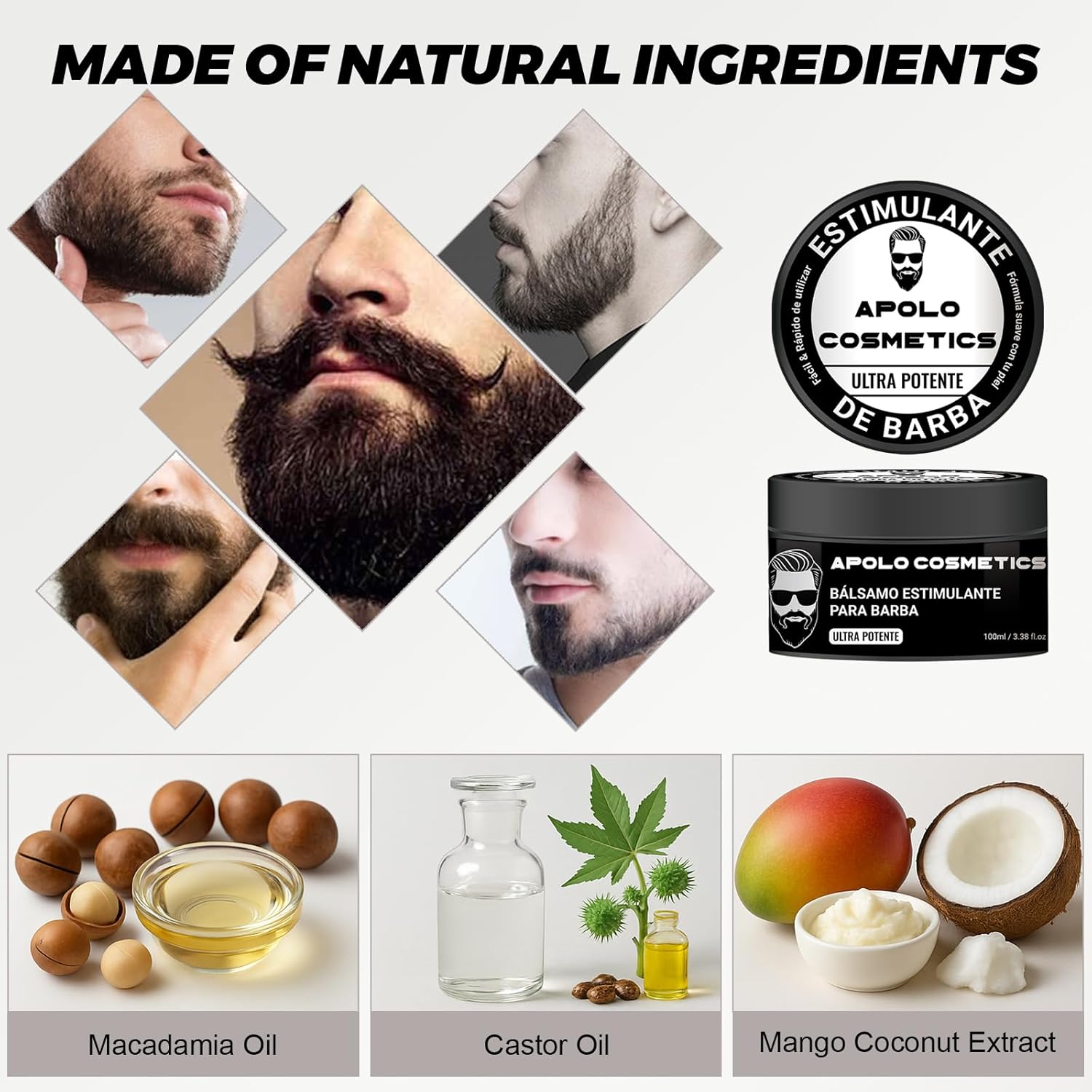 Para Barba, Apolo Ultra Potente Estimulante de Barba, Bálsamo para Crecimiento de Barba Crema, Balsamo Negro para Hombr, Humectan y Fortalecen tu Barba, Sin Irritación 100ml/3.38floz (1 PC, 1)