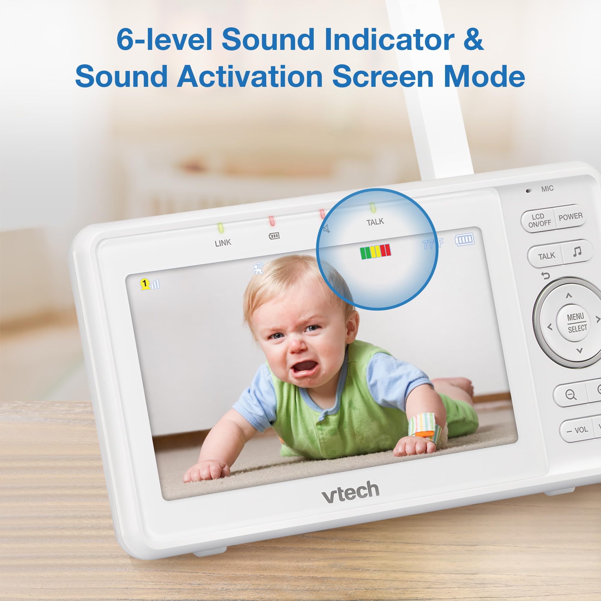 VTech Video Baby Monitor with Camera and Audio, 5" HD LCD Screen, Pan-Tilt-Zoom, 2-Way Talk, VOX Mode, Night Lights, Lullabies, Soothing Sounds, Temperature sensor, Long Range, No WiFi: VM5263 (White)