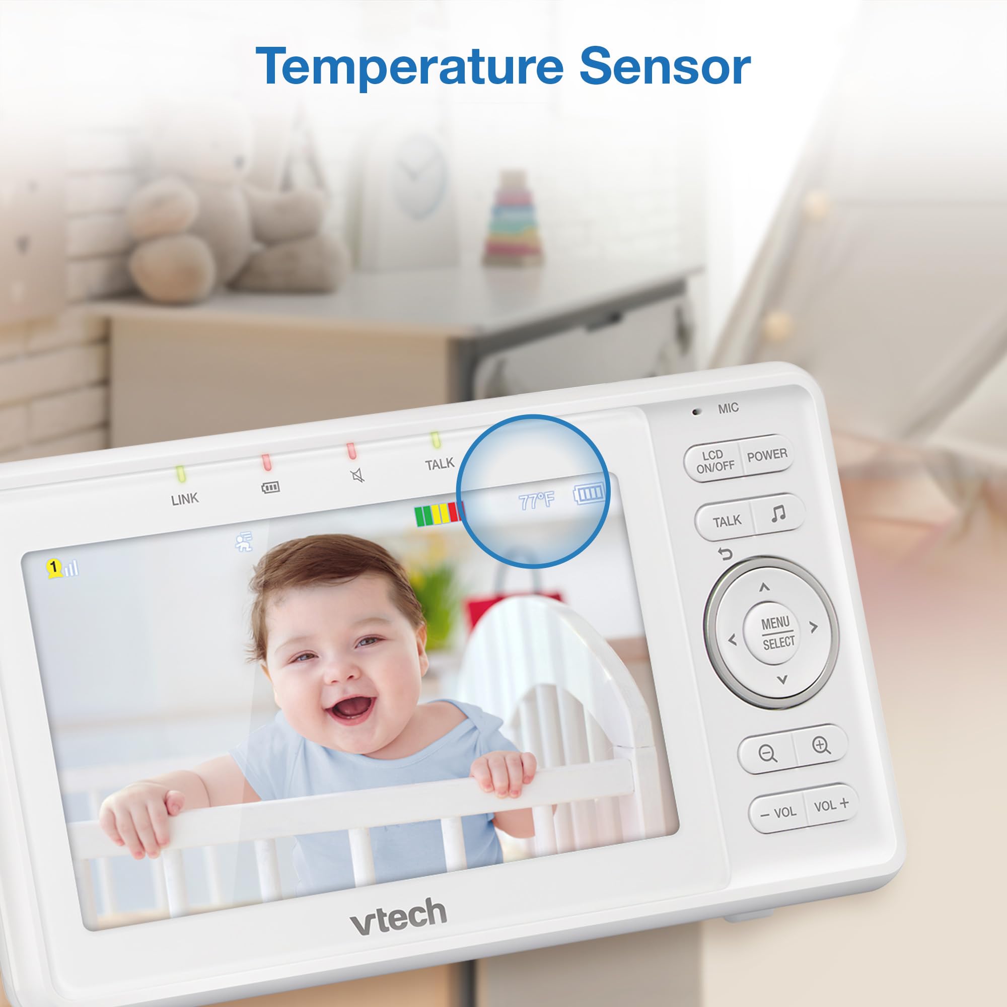 VTech Video Baby Monitor with Camera and Audio, 5" HD LCD Screen, Pan-Tilt-Zoom, 2-Way Talk, VOX Mode, Night Lights, Lullabies, Soothing Sounds, Temperature sensor, Long Range, No WiFi: VM5263 (White)