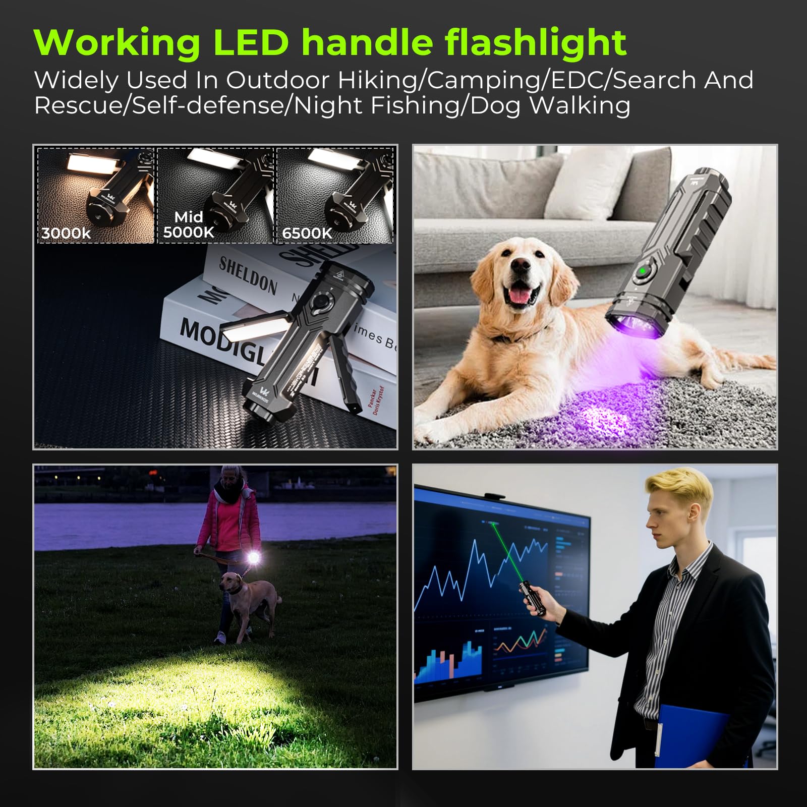Wurkkos HD02 Flat LED Flashlight, Magnetic Deformation, 3200 Lumens, 5000 mAh Rechargeable, 3000K-6500K, Four-Light Sources, Folding Wing Lighting/Spotlight/UV Light/Green Light/MagneticTail,IPX6