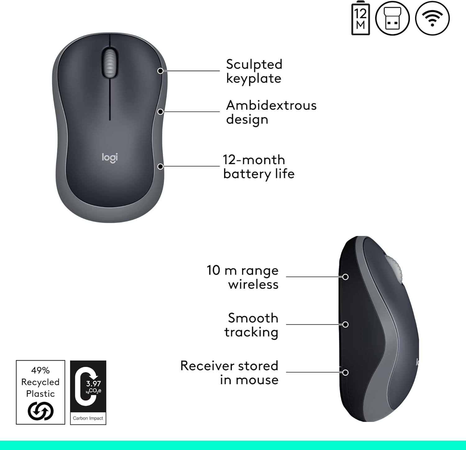 Logitech M185 Wireless Mouse – 2.4GHz with USB Receiver, 12-Month Battery, 1000 DPI Optical Tracking, Ambidextrous Design – Compatible with PC, Mac & Laptop – Grey