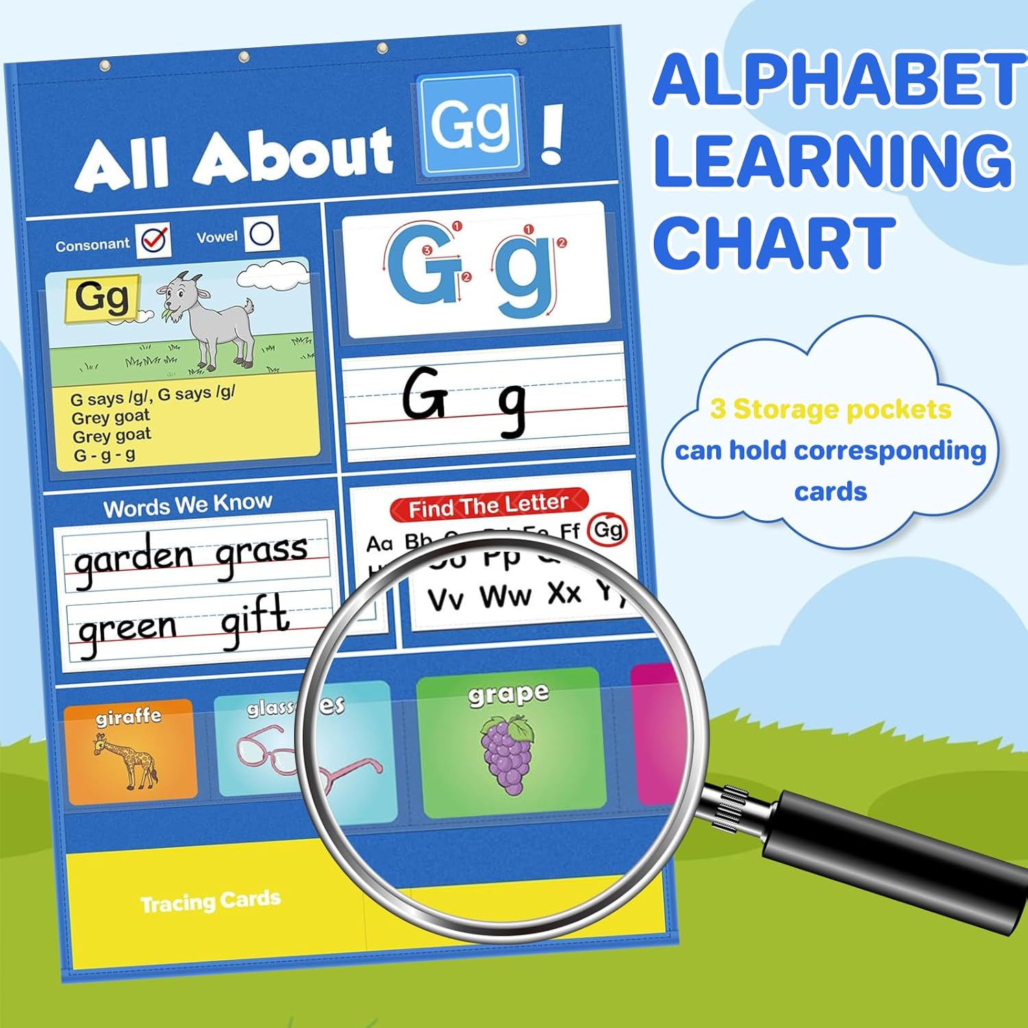 Alphabet Learning Pocket Chart, Letter Recognition Tool, Classroom Wall Chart Supports Early Literacy/Interactive Homeschool Aid for Kindergarten