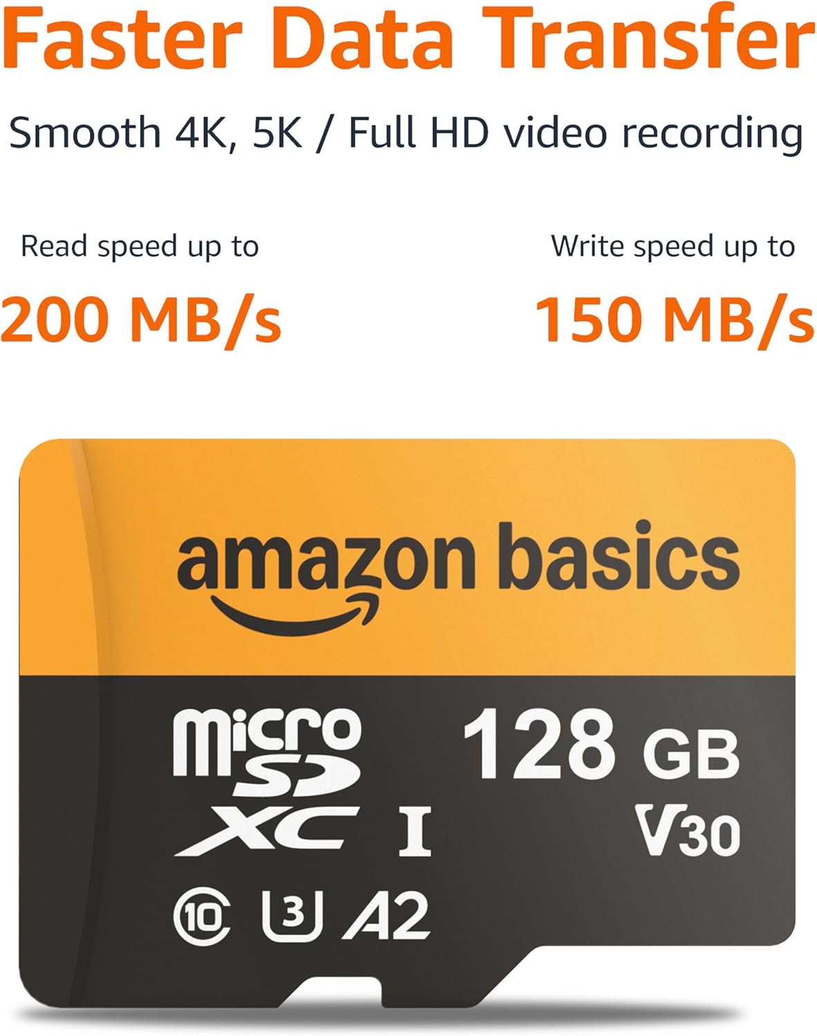 Amazon Basics 128GB microSDXC Memory Card with Adapter – Up to 200MB/s Read Speed, 1-Pack