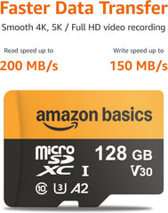 Amazon Basics 128GB microSDXC Memory Card with Adapter – Up to 200MB/s Read Speed, 1-Pack