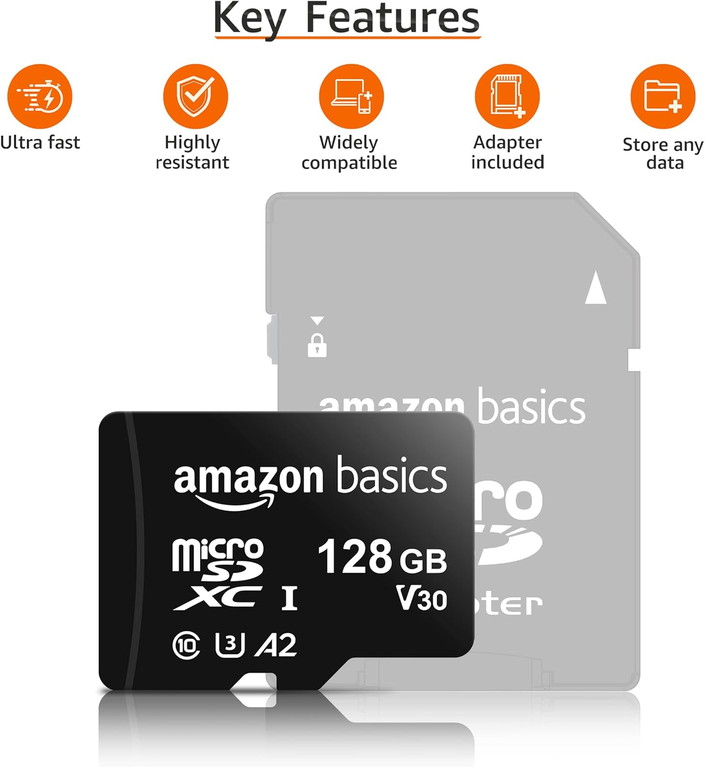 Amazon Basics 128GB microSDXC Memory Card with Adapter – U3, A2, Up to 100MB/s Read Speed – Black