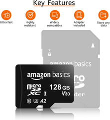 Amazon Basics 128GB microSDXC Memory Card with Adapter – U3, A2, Up to 100MB/s Read Speed – Black