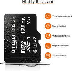 Amazon Basics 128GB microSDXC Memory Card with Adapter – U3, A2, Up to 100MB/s Read Speed – Black