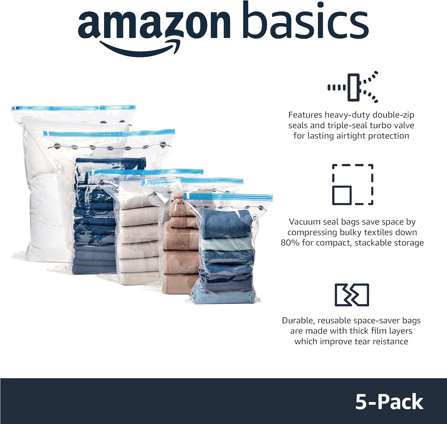 Large Vacuum Storage Bags, 5-Pack – Clear Compression Bags with Airtight Valve & Hand Pump