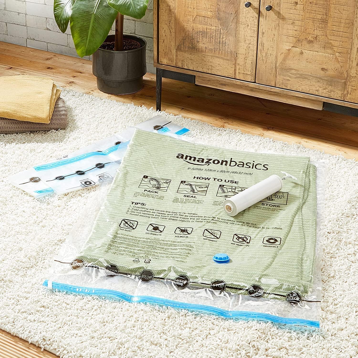 Large Vacuum Storage Bags, 5-Pack – Clear Compression Bags with Airtight Valve & Hand Pump