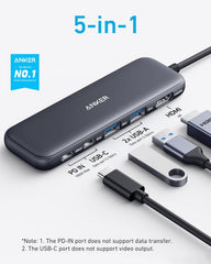 Anker 5-in-1 USB-C Hub – HDMI 4K Adapter with USB-C & 2 USB-A 3.0 Data Ports (5Gbps) – Compatible with MacBook Pro, MacBook Air, Dell & More
