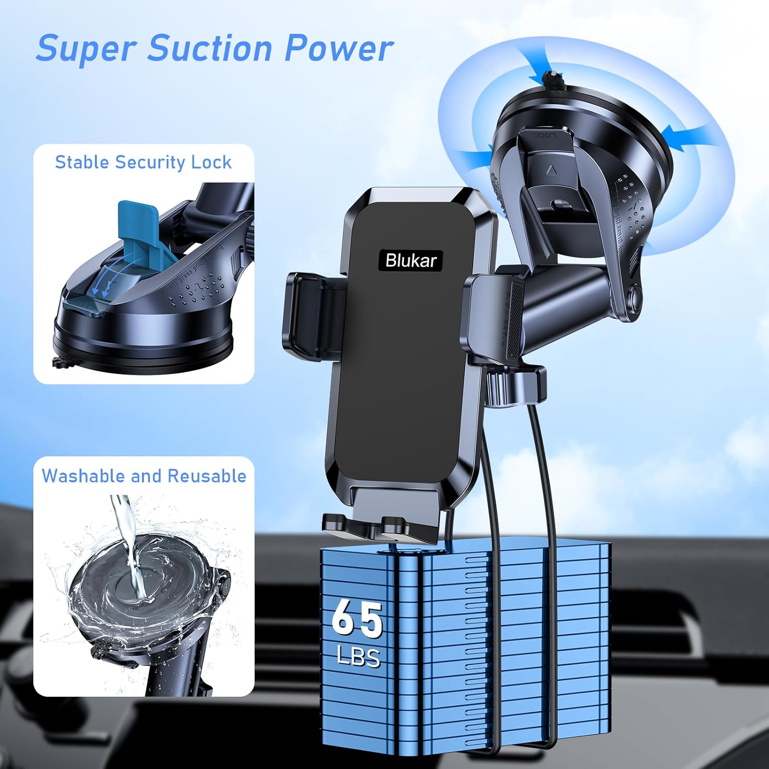 Blukar Car Phone Holder – Adjustable Dashboard/Windscreen Mount with 360° Rotation & Strong Suction, One-Touch Release Cradle for 4.0"–7.0" Smartphones