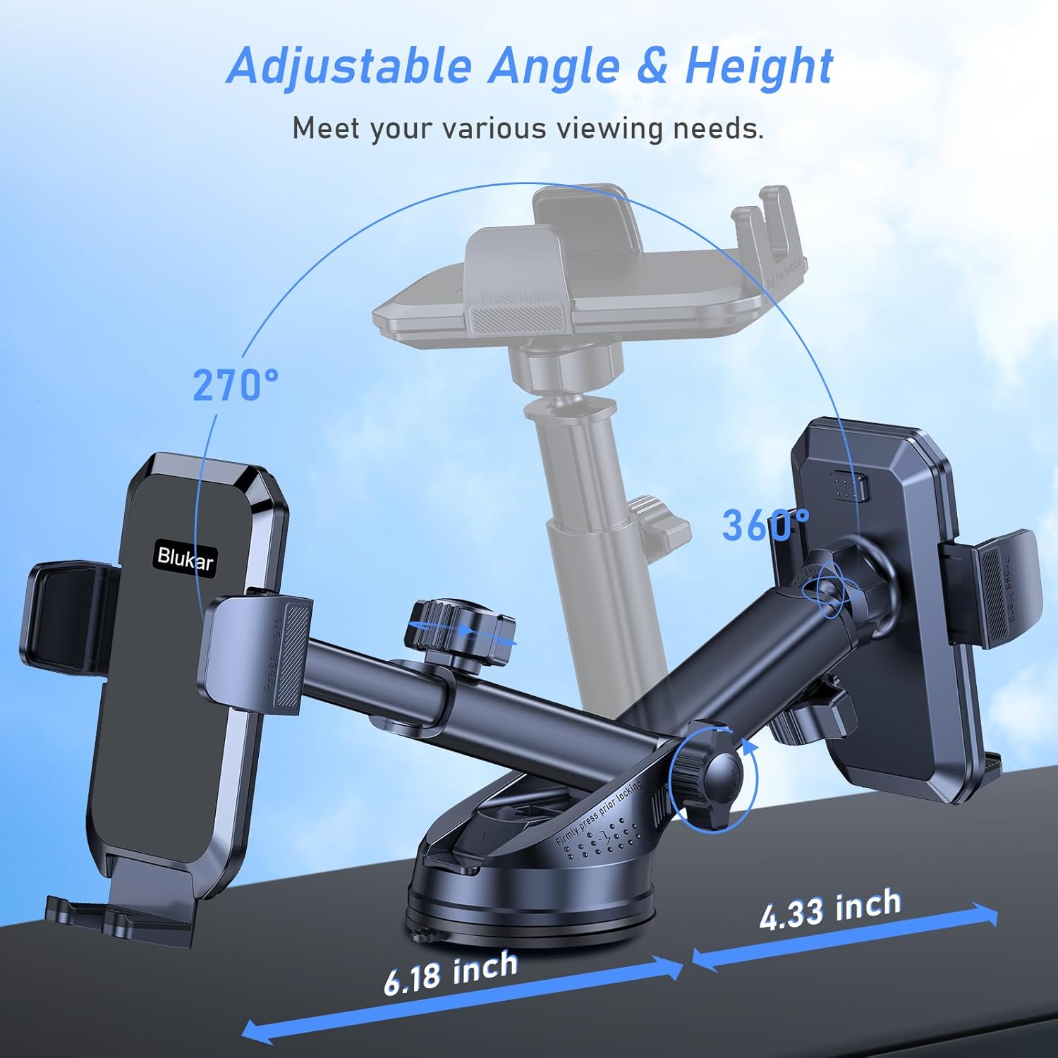 Blukar Car Phone Holder – Adjustable Dashboard/Windscreen Mount with 360° Rotation & Strong Suction, One-Touch Release Cradle for 4.0"–7.0" Smartphones