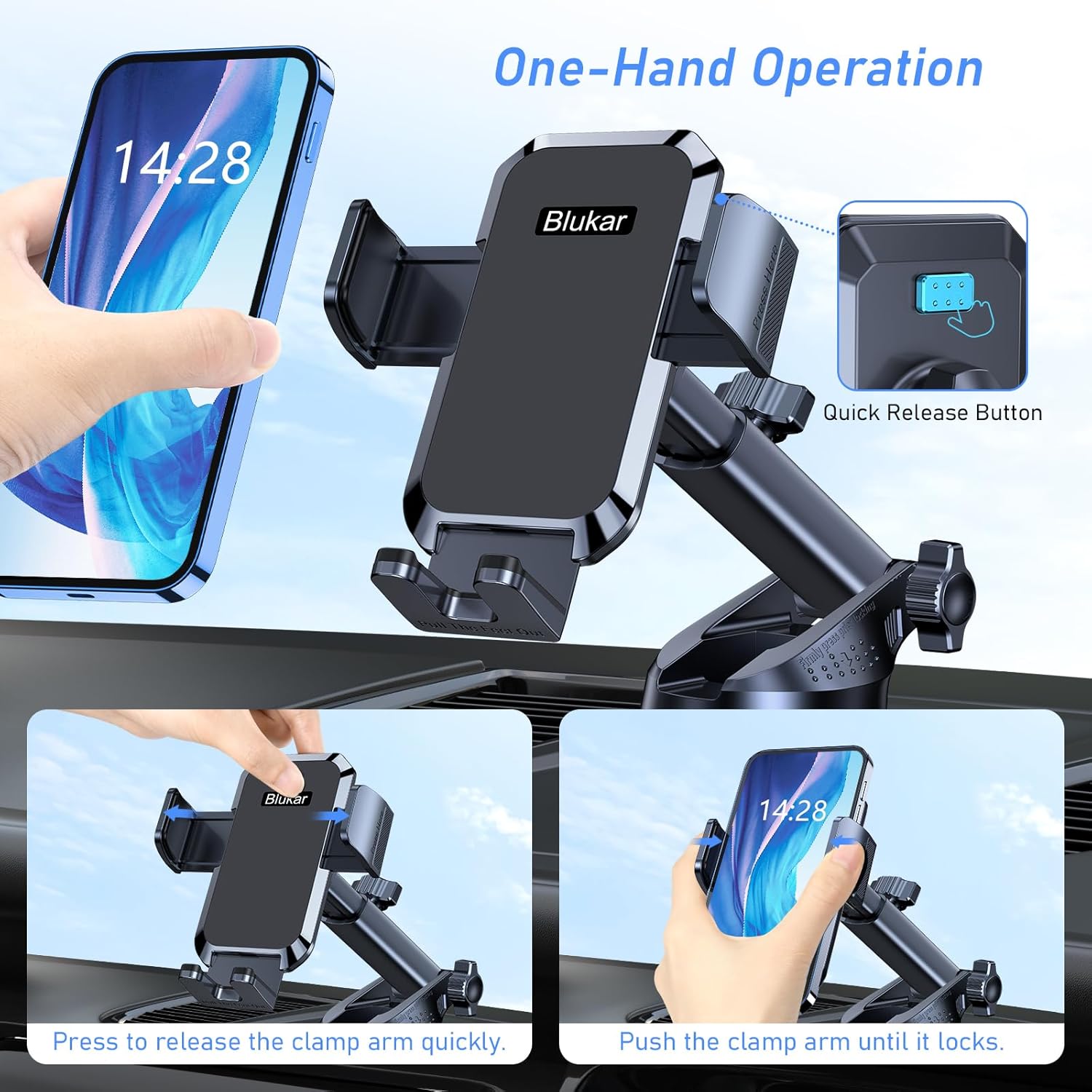 Blukar Car Phone Holder – Adjustable Dashboard/Windscreen Mount with 360° Rotation & Strong Suction, One-Touch Release Cradle for 4.0"–7.0" Smartphones