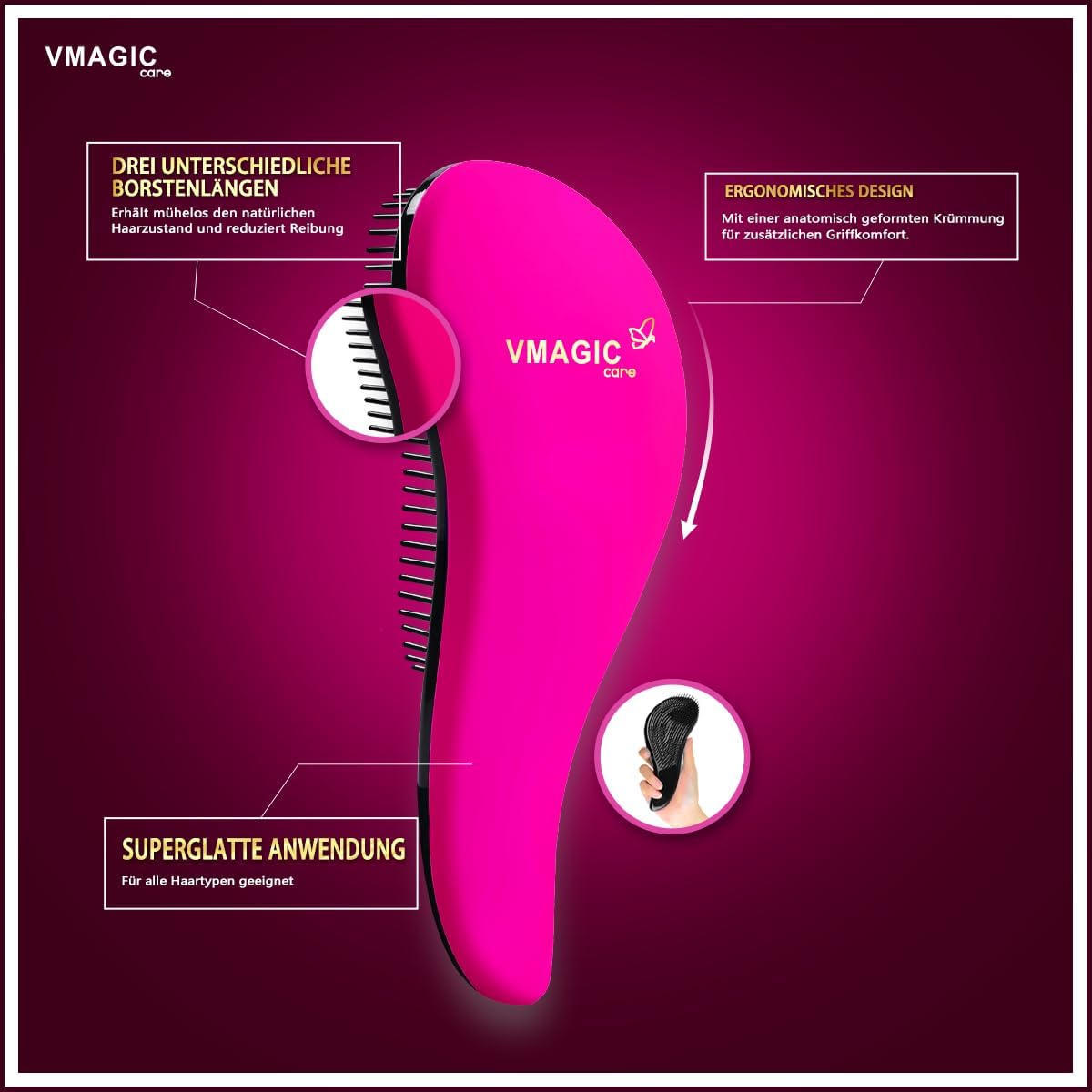 Detangling Hair Brush – Gently Glides Through Knots for Smooth, Tangle-Free Hair – Ideal for Wet or Dry Use – Perfect for Women, Men, Girls & Boys – Rose Red