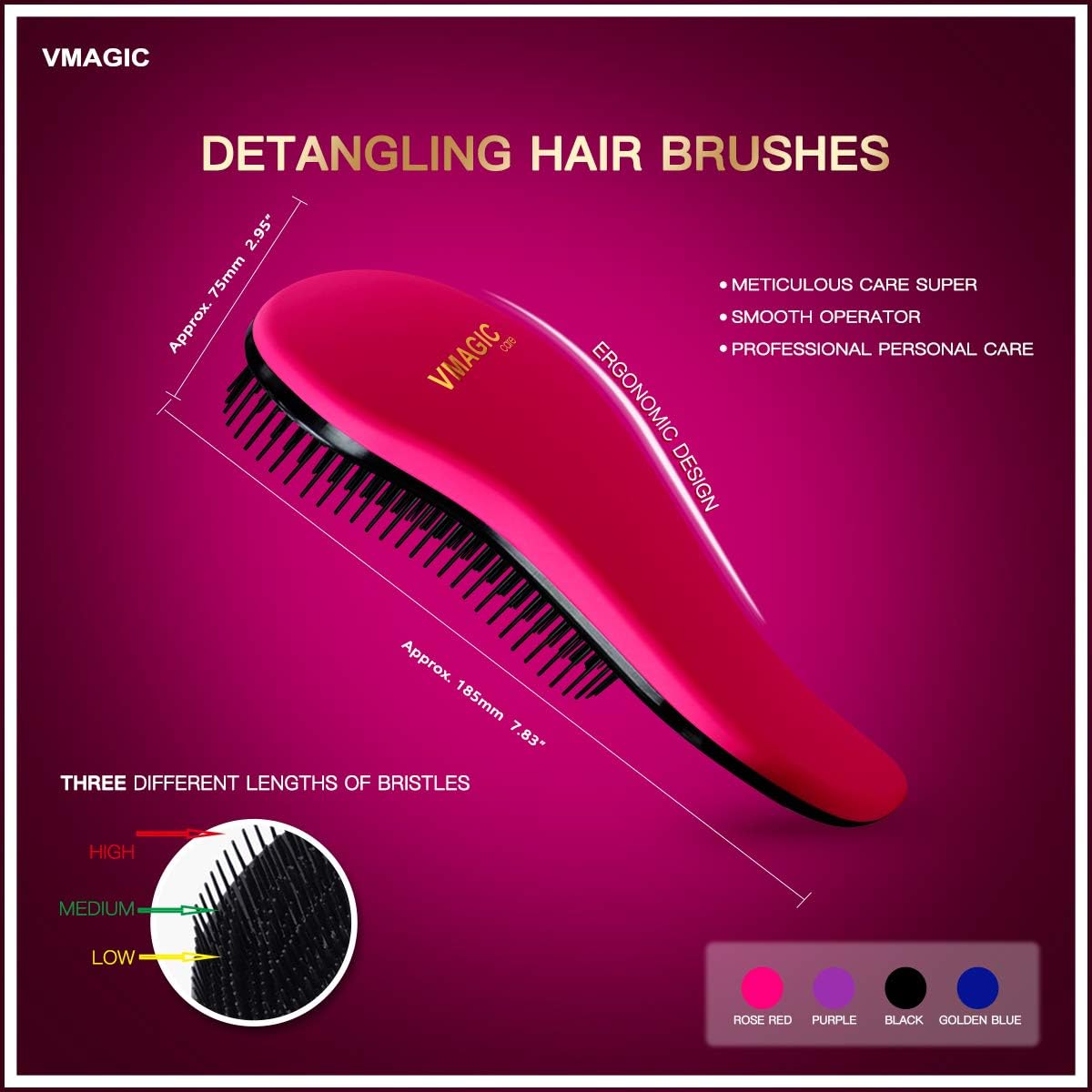 Detangling Hair Brush – Gently Glides Through Knots for Smooth, Tangle-Free Hair – Ideal for Wet or Dry Use – Perfect for Women, Men, Girls & Boys – Rose Red