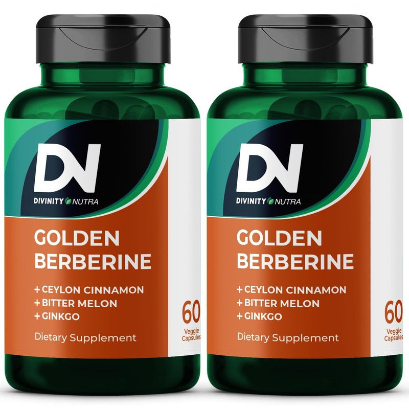 Divinity Nutra Golden Berberine – Vegan Supplement with Bitter Melon, Ginkgo Biloba & Ceylon Cinnamon, 2 x 60 Capsules, Made in USA