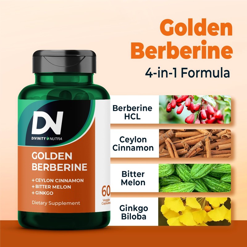Divinity Nutra Golden Berberine – Vegan Supplement with Bitter Melon, Ginkgo Biloba & Ceylon Cinnamon, 2 x 60 Capsules, Made in USA