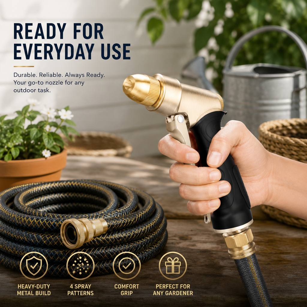 Heavy-Duty Metal Garden Hose Nozzle for Watering – 4 Spray Patterns for Car Wash & Yard Cleaning