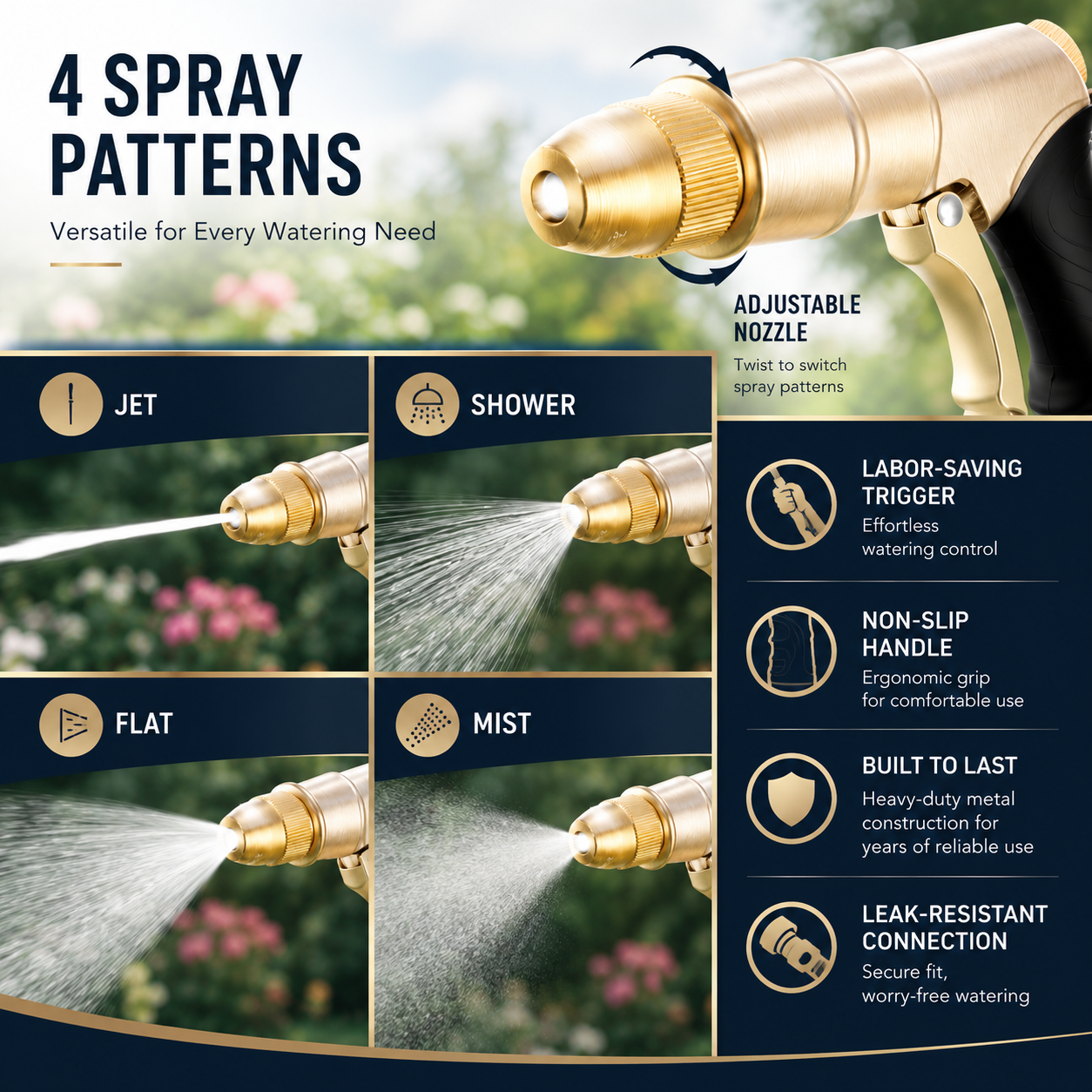 Heavy-Duty Metal Garden Hose Nozzle for Watering – 4 Spray Patterns for Car Wash & Yard Cleaning