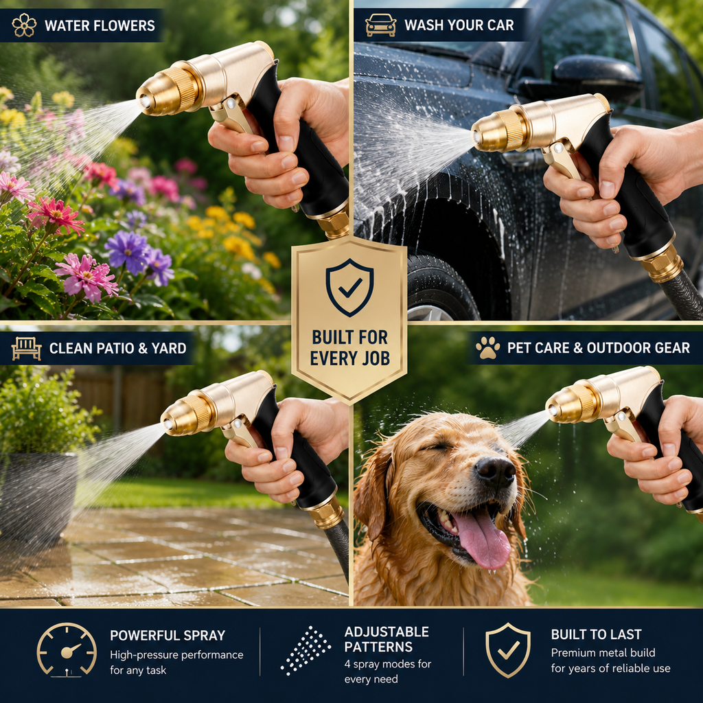 Heavy-Duty Metal Garden Hose Nozzle for Watering – 4 Spray Patterns for Car Wash & Yard Cleaning