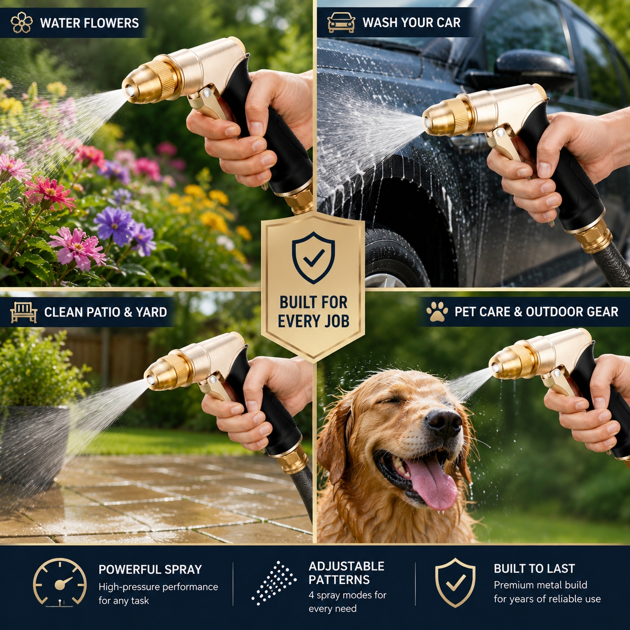 Heavy-Duty Metal Garden Hose Nozzle for Watering – 4 Spray Patterns for Car Wash & Yard Cleaning