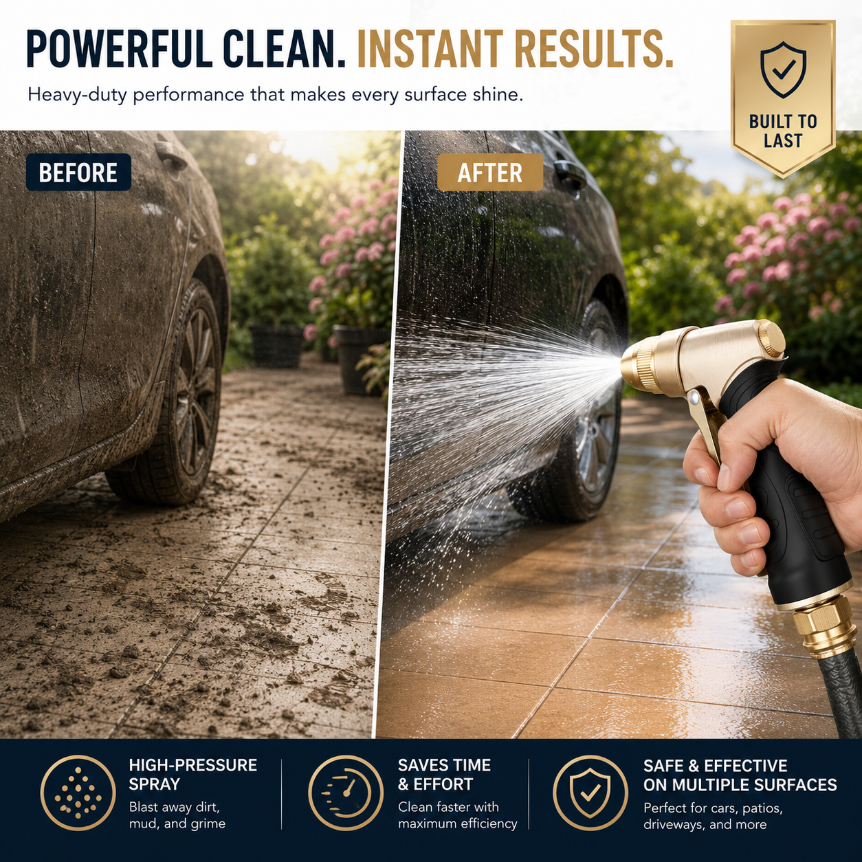 Heavy-Duty Metal Garden Hose Nozzle for Watering – 4 Spray Patterns for Car Wash & Yard Cleaning Secondary image